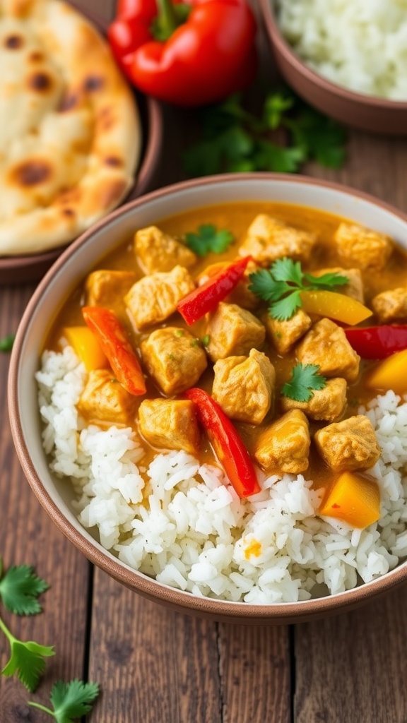 A bowl of coconut curry turkey with rice and garnished with cilantro on a wooden table.